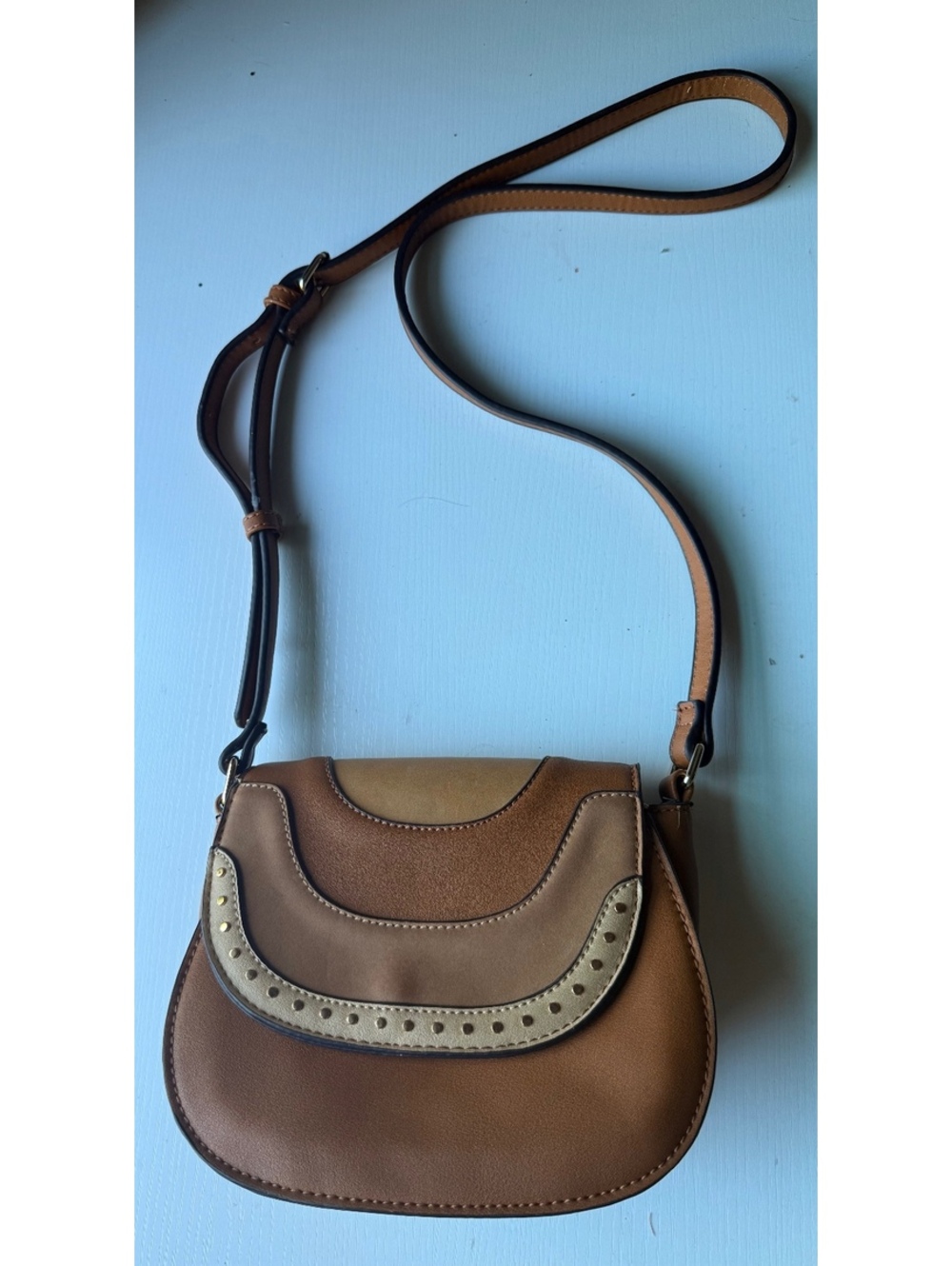 Sole Society Brown Tan Studded Saddle Crossbody Bag Boho Western